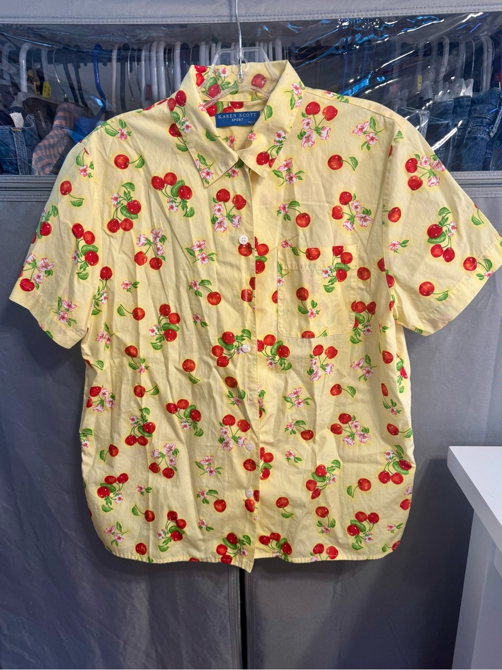 Karen Scott Yellow Short-Sleeve Button-Down with Red Cherry Print- Petite Medium